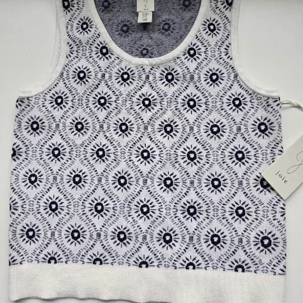 NWT Joie Sleeveless Sweater Tank – Navy & White Geometric Knit – Size Medium
